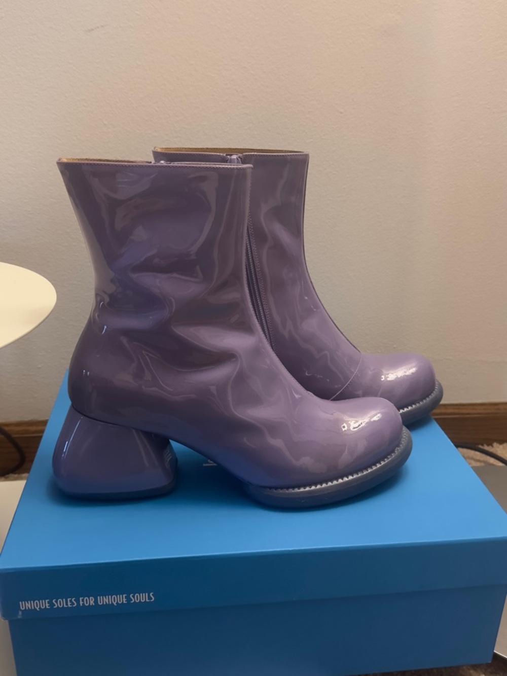 Fluevog Excellent F-Trip Haring Purple Patent leather zip up mid calf boot - 10